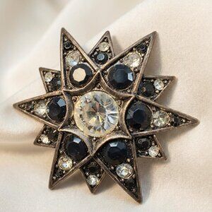 Starburst Brooch Black Clear Glass Rhinestone Silver Tone Star Pin 2.25"